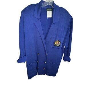 Harvé Benard Vintage Wool‎ Blazer Sweater Blue Medium Embroidered Crest College